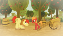Size: 1920x1080 | Tagged: safe, screencap, character:big mcintosh, character:bright mac, species:earth pony, species:pony, episode:going to seed, g4, my little pony: friendship is magic, apple, apple orchard, apple tree, barrel, big macintosh's yoke, cart, colt, colt big macintosh, duo, father and son, food, like father like son, male, stallion, tree, yoke, younger