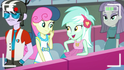 Size: 1336x752 | Tagged: safe, screencap, character:bon bon, character:lyra heartstrings, character:maud pie, character:ringo, character:sweetie drops, episode:five lines you need to stand in, g4, my little pony:equestria girls, background human, female, male, ringo