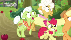 Size: 1600x900 | Tagged: safe, screencap, character:apple bloom, character:applejack, character:goldie delicious, episode:going to seed, g4, my little pony: friendship is magic, apple, bush, excited, food, running, smiling, surprised