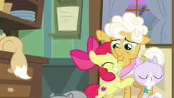 Size: 1920x1080 | Tagged: safe, screencap, character:apple bloom, character:goldie delicious, species:earth pony, species:pony, episode:going to seed, g4, my little pony: friendship is magic, cat, hug