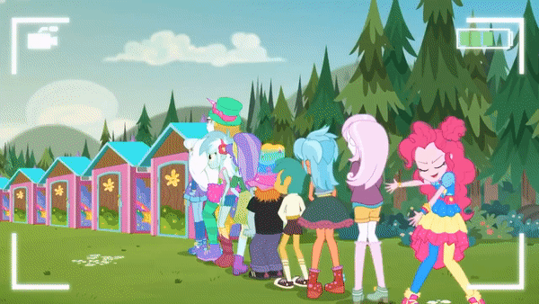 Size: 600x338 | Tagged: safe, screencap, character:aqua blossom, character:bulk biceps, character:fleur-de-lis, character:frosty orange, character:lyra heartstrings, character:pinkie pie, character:snails, character:snips, character:trixie, episode:five lines you need to stand in, g4, my little pony:equestria girls, animated, bathroom line, clothing, converse, covering crotch, dancing, desperation, female, male, need to pee, omorashi, outhouse, pants, pantyhose, potty dance, potty emergency, potty time, shoes, shorts, skirt, sneakers