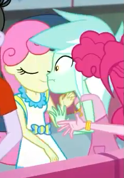 Size: 469x672 | Tagged: safe, screencap, character:bon bon, character:lyra heartstrings, character:pinkie pie, character:ringo, character:sweetie drops, episode:five lines you need to stand in, g4, my little pony:equestria girls, cropped, eyes closed, female, offscreen character, oh no, ringo