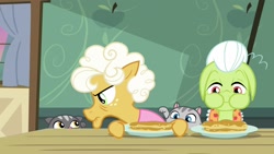 Size: 1920x1080 | Tagged: safe, screencap, character:goldie delicious, character:granny smith, species:earth pony, species:pony, episode:going to seed, g4, my little pony: friendship is magic, cat, eating, female, food, glare, goldie delicious' cats, mare, pancakes, quartet, raised paw