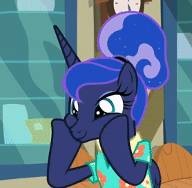 Size: 278x273 | Tagged: safe, screencap, character:princess luna, species:alicorn, species:pony, episode:between dark and dawn, g4, my little pony: friendship is magic, alternate hairstyle, animated, barehoof, cheerful, clock, clothing, cropped, cute, excited, eyeshadow, female, gif, hair bun, hawaiian shirt, hooves on cheeks, indoors, lunabetes, makeup, mare, post office, smiling, solo, squishy cheeks, that pony sure does love the post office, too cute