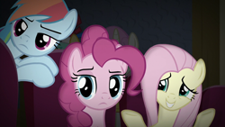Size: 1280x720 | Tagged: safe, screencap, character:fluttershy, character:pinkie pie, character:rainbow dash, species:earth pony, species:pegasus, species:pony, episode:common ground, g4, my little pony: friendship is magic, female, mare, pinkie pie is not amused, rainbow dash is not amused, trio focus, unamused
