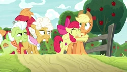 Size: 1920x1080 | Tagged: safe, screencap, character:apple bloom, character:applejack, character:big mcintosh, character:goldie delicious, character:granny smith, species:earth pony, species:pony, episode:going to seed, g4, my little pony: friendship is magic, apple siblings, apple tree, hug, tree