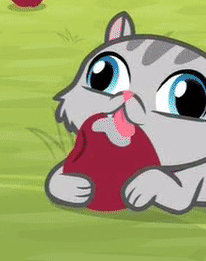 Size: 206x261 | Tagged: safe, screencap, episode:going to seed, g4, my little pony: friendship is magic, animated, apple, cat, cats doing cat things, cheek fluff, cropped, cute, derp cat, drool, food, gif, goldie delicious' cats, licking, prone, solo, tongue out