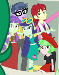 Size: 315x398 | Tagged: safe, screencap, character:blueberry cake, character:drama letter, character:microchips, character:nolan north, character:starlight, character:watermelody, equestria girls:forgotten friendship, g4, my little pony:equestria girls, background human, blueberry cake, clothing, cropped, glasses, nolan north, pants, photo, skirt, starlight, yearbook photo