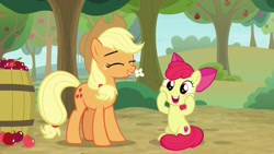Size: 1920x1080 | Tagged: safe, screencap, character:apple bloom, character:applejack, species:pony, episode:going to seed, g4, my little pony: friendship is magic, adorabloom, apple, apple tree, barrel, cute, food, jackabetes, squishy cheeks, tree