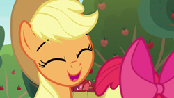 Size: 1280x720 | Tagged: safe, screencap, character:apple bloom, character:applejack, episode:going to seed, g4, my little pony: friendship is magic, apple, apple tree, bust, cute, eyes closed, food, jackabetes, open mouth, portrait, tree