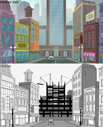Size: 1170x1440 | Tagged: safe, artist:newman134, screencap, episode:super squad goals, g4, my little pony:equestria girls, 1930s, 20th century, building, canterlot (equestria girls), canterlot city, car, city, comparison, history, human world, lamppost, location, monochrome, nissan gt-r, no pony, paint.net, past and present, road, street, streetlight, stylized
