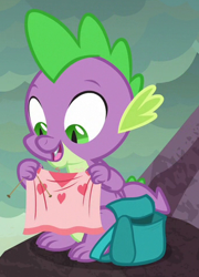 Size: 346x480 | Tagged: safe, screencap, character:spike, species:dragon, episode:sweet and smoky, g4, my little pony: friendship is magic, backpack, blanket, cheerful, claws, cropped, cute, dragon lands, fangs, feet, folded wings, knitting, knitting needles, looking down, male, male feet, open mouth, slit eyes, smiling, spikabetes, toes, winged spike, wings