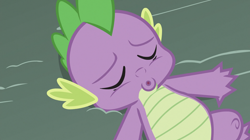 Size: 1920x1072 | Tagged: safe, screencap, character:spike, species:dragon, episode:triple threat, g4, my little pony: friendship is magic, eyes closed, male, on back, solo