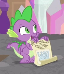 Size: 394x458 | Tagged: safe, screencap, character:spike, species:dragon, episode:sparkle's seven, g4, my little pony: friendship is magic, cropped, crown, cute, hard-won helm of the sibling supreme, male, scroll, smiling, solo, winged spike