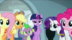 Size: 1024x573 | Tagged: safe, screencap, character:applejack, character:fluttershy, character:pinkie pie, character:rarity, character:spike, character:twilight sparkle, character:twilight sparkle (alicorn), species:alicorn, species:pony, episode:newbie dash, g4, my little pony: friendship is magic, confused, discovery family logo, spike is not amused, twilight is not amused, unamused