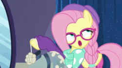Size: 640x360 | Tagged: safe, screencap, character:fluttershy, species:pony, episode:fake it 'til you make it, alternate hairstyle, animated, hipstershy, solo, sound, webm, woke