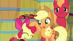 Size: 1920x1080 | Tagged: safe, screencap, character:apple bloom, character:applejack, character:big mcintosh, species:pony, episode:going to seed, g4, my little pony: friendship is magic, barrel, cutie mark, female, filly, noogie, the cmc's cutie marks