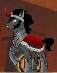 Size: 270x348 | Tagged: safe, screencap, character:king sombra, species:pony, species:unicorn, episode:the beginning of the end, g4, my little pony: friendship is magic, armor, cape, clothing, cropped, crystal ball, grogar's orb, male, one hoof raised, open mouth, raised hoof, solo, stallion