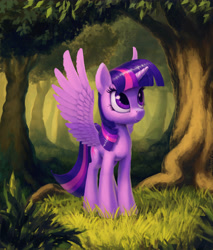Size: 5000x5877 | Tagged: safe, artist:hunternif, character:twilight sparkle, character:twilight sparkle (alicorn), species:alicorn, species:pony, cute, female, forest, mare, solo, spread wings, tree, twiabetes, wings