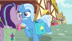 Size: 1920x1080 | Tagged: safe, screencap, character:starlight glimmer, character:trixie, species:pony, species:unicorn, episode:student counsel, angry, boop, discovery family logo, eye contact, faec, female, gritted teeth, looking at each other, mare, nervous, nose to nose, ponyville, saddle bag, special eyes, wide eyes