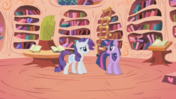 Size: 1280x720 | Tagged: safe, screencap, character:rarity, character:twilight sparkle, character:twilight sparkle (unicorn), species:pony, species:unicorn, episode:look before you sleep, g4, my little pony: friendship is magic, book, bookshelf, duo, female, golden oaks library, ladder, library, mare