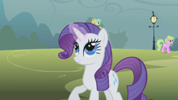 Size: 1280x720 | Tagged: safe, screencap, character:rarity, species:earth pony, species:pony, species:unicorn, episode:look before you sleep, g4, my little pony: friendship is magic, female, glowing horn, horn, lamppost, magic, magic aura, mare, solo focus
