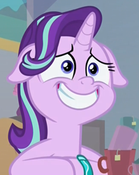 Size: 650x815 | Tagged: safe, screencap, character:starlight glimmer, species:pony, species:unicorn, episode:student counsel, awkward smile, bracelet, cropped, cup, fake smile, female, floppy ears, food, forced smile, frustrated, jewelry, mare, shit eating grin, solo, stressed, tea, teabag, teacup