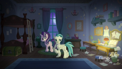 Size: 1920x1080 | Tagged: safe, screencap, character:starlight glimmer, character:terramar, species:classical hippogriff, species:hippogriff, species:pony, species:unicorn, episode:student counsel, book, bunk bed, dark, desk, female, ladder, lamp, male, mare, moon, night, paper, rug, school of friendship, shelf, silverstream's room, trash can, treasure chest