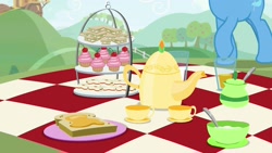 Size: 1920x1080 | Tagged: safe, screencap, character:trixie, species:pony, episode:student counsel, cup, cupcake, food, kettle, picnic blanket, sandwich, tea, teacup