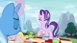 Size: 1280x720 | Tagged: safe, screencap, character:starlight glimmer, character:trixie, episode:student counsel, animated, bracelet, cloud, food, jewelry, magic, meadow, mountain, nature, picnic, ponyville, sandwich, sitting, sound, tree, webm