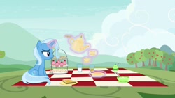 Size: 1920x1080 | Tagged: safe, screencap, character:trixie, species:pony, episode:student counsel, cup, cupcake, food, kettle, magic, picnic blanket, sandwich, solo, teacup