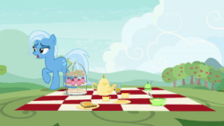 Size: 1920x1080 | Tagged: safe, screencap, character:trixie, episode:student counsel, animated, cup, cupcake, food, kettle, lonely, magic, picnic, picnic blanket, sandwich, solo, sound, teacup, unamused, webm
