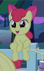 Size: 448x716 | Tagged: safe, screencap, character:apple bloom, character:applejack, species:earth pony, species:pony, episode:going to seed, g4, my little pony: friendship is magic, adorabloom, cropped, cute, fence, open mouth, sitting, smiling, solo focus