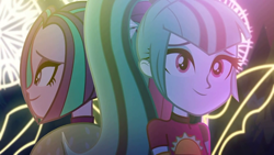 Size: 1336x752 | Tagged: safe, screencap, character:aria blaze, character:sonata dusk, episode:find the magic, g4, my little pony:equestria girls, ariabetes, beautiful, cute, smiling, sonatabetes, taco dress, the dazzlings have returned, when she smiles