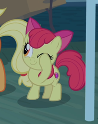Size: 430x546 | Tagged: safe, screencap, character:apple bloom, character:applejack, species:earth pony, species:pony, episode:going to seed, g4, my little pony: friendship is magic, adorabloom, cropped, cute, female, filly, foal, offscreen character, one eye closed, pinkie promise, smiling