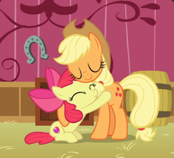Size: 873x791 | Tagged: safe, screencap, character:apple bloom, character:applejack, species:earth pony, species:pony, episode:going to seed, g4, my little pony: friendship is magic, apple sisters, cropped, cute, dawwww, duo, eyes closed, female, filly, foal, hug, mare, siblings, sisters, sitting, smiling