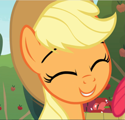 Size: 983x941 | Tagged: safe, screencap, character:apple bloom, character:applejack, species:earth pony, species:pony, episode:going to seed, g4, my little pony: friendship is magic, close-up, cropped, cute, eyes closed, female, jackabetes, mare, offscreen character, smiling