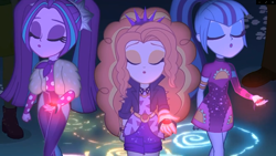 Size: 1920x1080 | Tagged: safe, screencap, character:adagio dazzle, character:aria blaze, character:sonata dusk, episode:find the magic, g4, my little pony:equestria girls, adoragio, ariabetes, ascot, beautiful, cute, eyes closed, female, gem, jewelry, pendant, pigtails, ponytail, singing, siren gem, sonatabetes, taco dress, the dazzlings, the dazzlings have returned, trio, trio female, twintails