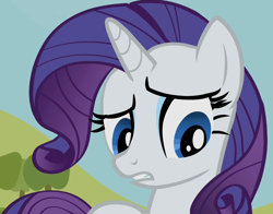 Size: 920x720 | Tagged: safe, screencap, character:rarity, species:pony, species:unicorn, female, frown, hill, mare, open mouth, sky, solo, tree