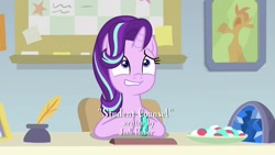 Size: 1920x1080 | Tagged: safe, screencap, character:starlight glimmer, species:pony, species:unicorn, episode:student counsel, bracelet, candy, female, food, geode, grin, jewelry, josh haber, mare, nervous, nervous grin, smiling, solo, starlight glimmer is best facemaker