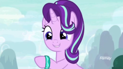 Size: 1366x768 | Tagged: safe, screencap, character:starlight glimmer, species:pony, episode:student counsel, armband, discovery family logo, outdoors, solo