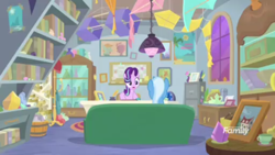 Size: 1366x768 | Tagged: safe, screencap, character:starlight glimmer, character:trixie, species:pony, episode:student counsel, book, bucket, cabinet, ceiling light, couch, glass case, kite, lamp, office, picture frame, shelf, that pony sure does love kites, window