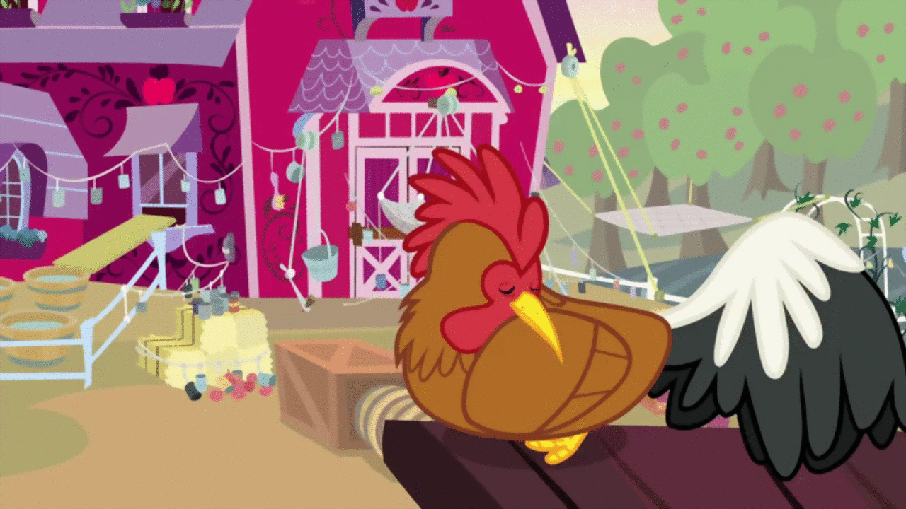 Size: 1280x720 | Tagged: safe, screencap, species:bird, species:rooster, episode:going to seed, g4, my little pony: friendship is magic, animated, barn, gif, morning, sweet apple acres