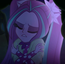 Size: 771x752 | Tagged: safe, screencap, character:aria blaze, episode:find the magic, g4, my little pony:equestria girls, alternate clothes, ariabetes, clothing, cropped, cute, eyes closed, female, long sleeves, polka dots, ponytails, solo