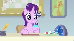 Size: 1920x1080 | Tagged: safe, screencap, character:starlight glimmer, species:pony, species:unicorn, episode:student counsel, bracelet, cute, dawwww, female, glimmerbetes, jewelry, mare, raised hoof, sitting, smiling, solo