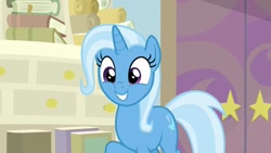 Size: 1920x1080 | Tagged: safe, screencap, character:trixie, species:pony, species:unicorn, episode:student counsel, bookshelf, cute, diatrixes, female, mare, raised hoof, smiling, solo, starlight's office