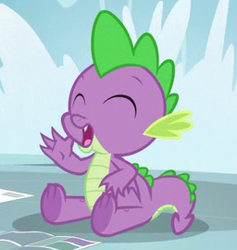 Size: 256x270 | Tagged: safe, screencap, character:spike, species:dragon, episode:the point of no return, g4, my little pony: friendship is magic, claws, comic book, cropped, eyes closed, fangs, folded wings, male, open mouth, solo, tail, toes, underfoot, waterfall, winged spike, wings