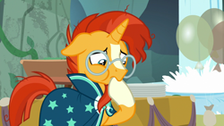 Size: 1280x720 | Tagged: safe, screencap, character:sunburst, species:pony, species:unicorn, episode:student counsel, clothing, glasses, hoof sucking, male, robe, solo, sunburst's glasses, sunburst's robe