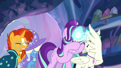 Size: 1920x1080 | Tagged: safe, screencap, character:starlight glimmer, character:sunburst, character:terramar, character:trixie, species:classical hippogriff, species:hippogriff, species:pony, species:unicorn, episode:student counsel, covering eyes, female, male, treehouse of harmony, wing hands, wings