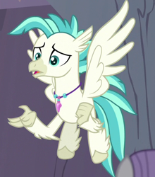 Size: 406x461 | Tagged: safe, screencap, character:maud pie, character:terramar, species:classical hippogriff, species:hippogriff, episode:student counsel, claws, cropped, flying, jewelry, male, necklace, offscreen character, solo focus, wings